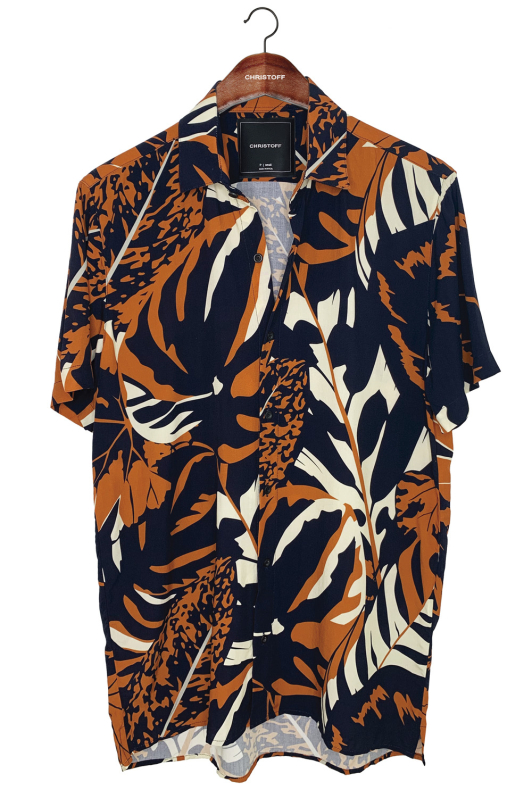 Camisa - Orange/Marine Leaves | CHRISTOFF