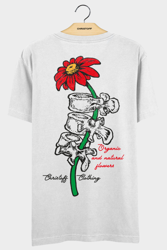 Camiseta Gola Básica - Bones x Flower Branca | CHRISTOFF