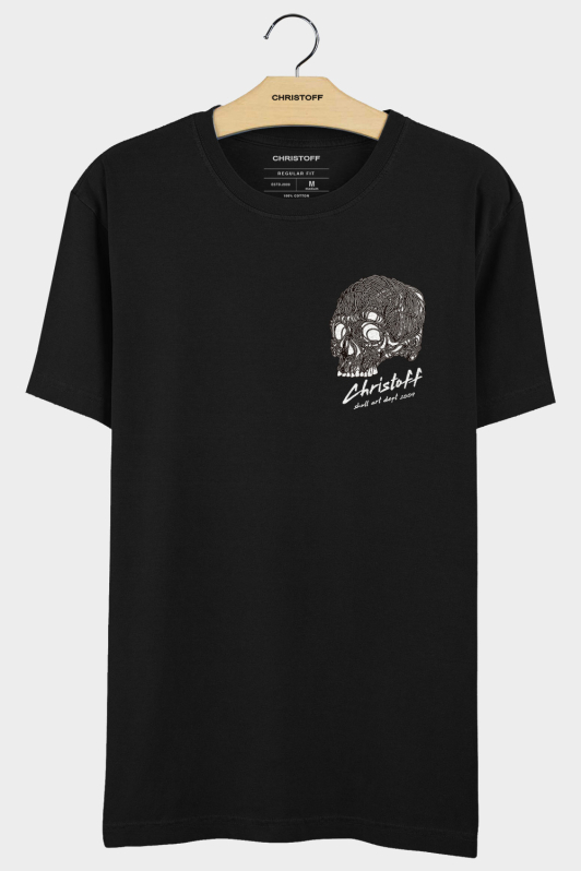 Camiseta Gola Básica - Skull Art Preta | CHRISTOFF