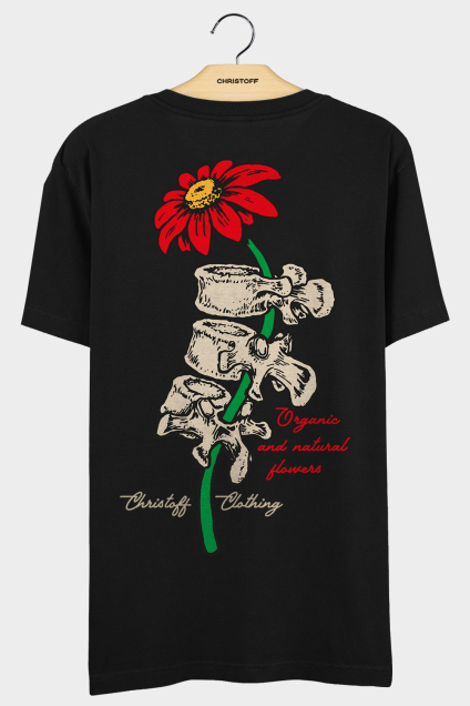 Camiseta Gola Básica - Bones x Flower Preta | CHRISTOFF